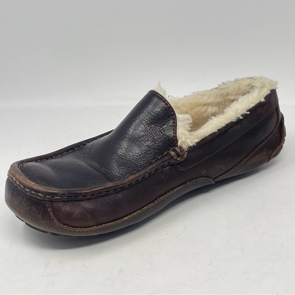 UGG Ascot Slippers Mens 8 Brown Leather Sheepskin Slip On Fur Lined Moccasion - Picture 7 of 15